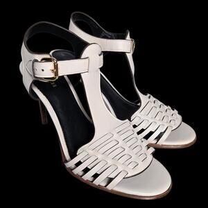 COACH Izzy White Leather T Strap Heels Woven Caged Sandal Gold Buckle Open 8.5
